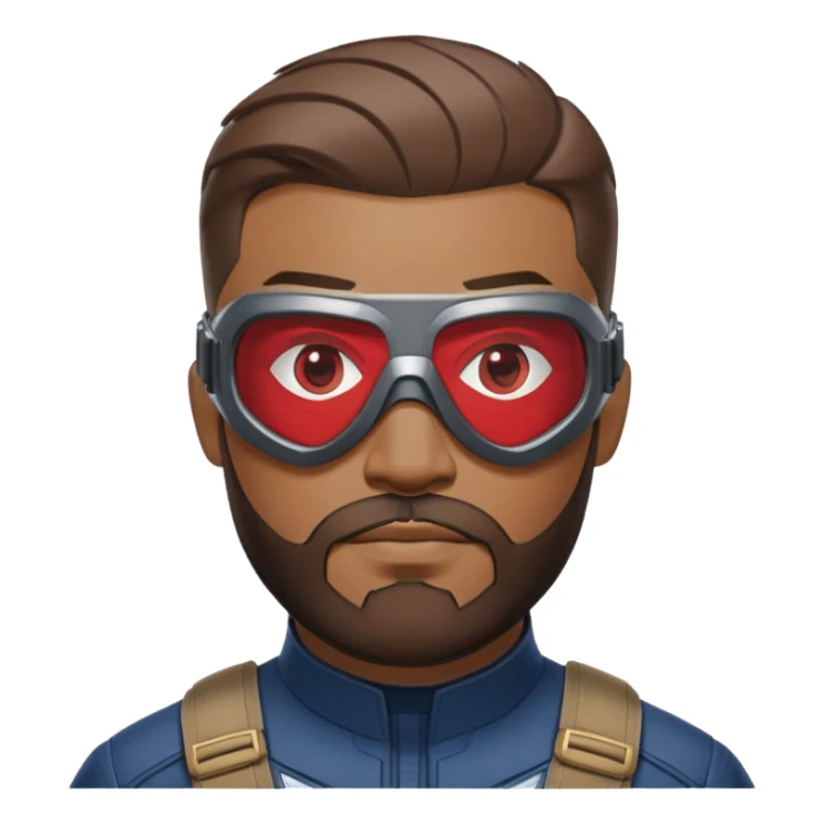 sam wilson with very short, neatly cropped and a well-groomed beard that connects to his mustache,  wear sleek, red-tinted tactical goggles fit snugly from captain america: civil war sticker