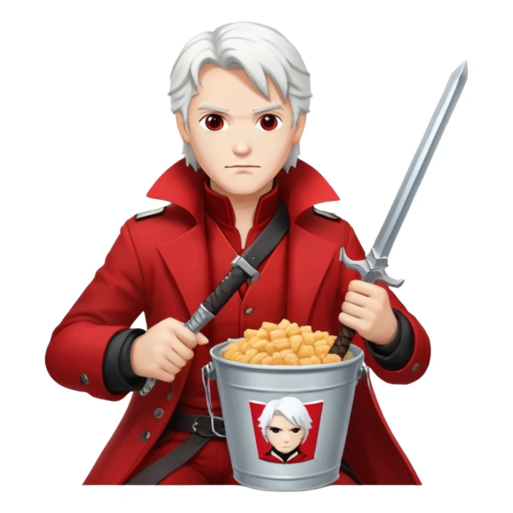 Dante from Devil May Cry sitting in a KFC bucket, red coat, white hair, rebellion sword sticker