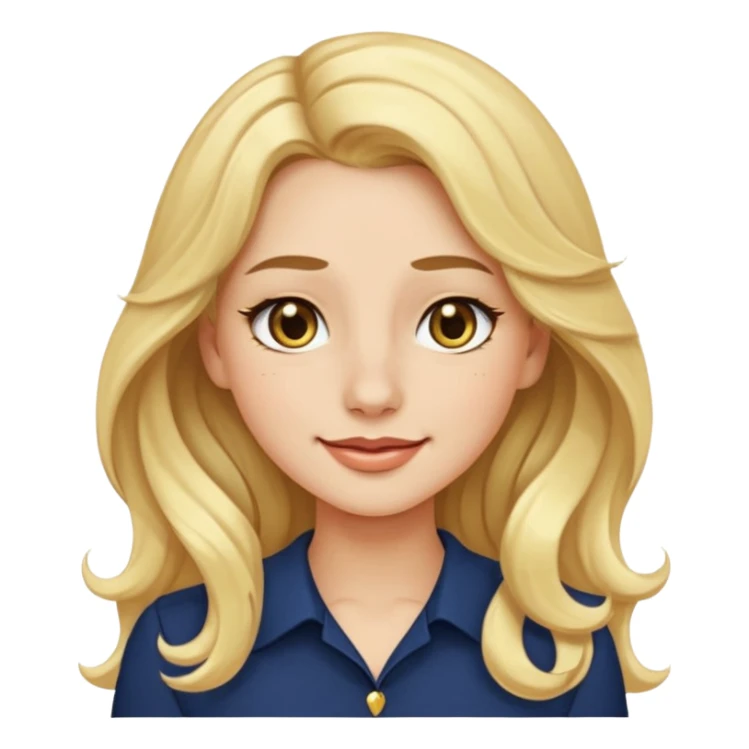 female with long wavy blonde hair, brown eyes, small gold nose stud, black eyeliner, navy blue blouse, emoji style, winking sticker