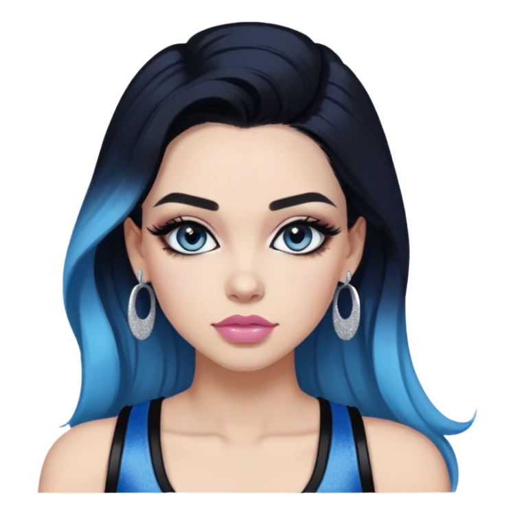 Top-half-body-Sultry-very-beautiful-face-light-pink-lips-long-straight-dark-blue-ombre-hair-and-blue-eyes-thick-black-eyeliner-really-thick-long-eye-lashes-sky-blue-superman-tank-top-with-glitter-and-silver-hoop-earrings sticker