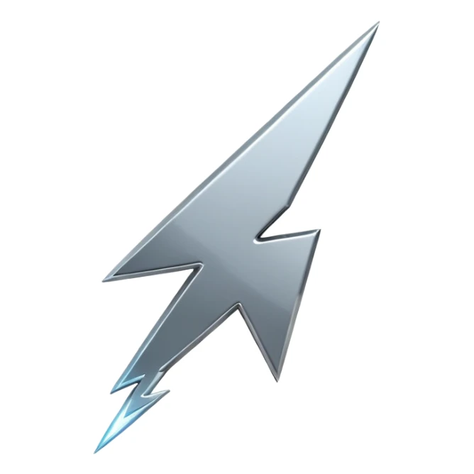 A lightning bolt emoji made of polished silver chrome, sharp yet rounded edges, glossy metallic surface, soft reflections, minimal futuristic design, iOS emoji style, centered, clean white background sticker