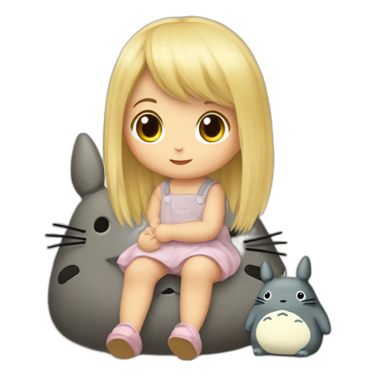 bébé fille blonde décoiffée assise avec une peluche Totoro  sticker