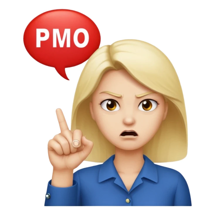 An angry lady with her finger up and the phrase “Don’t PMO” in a speech bubble  sticker