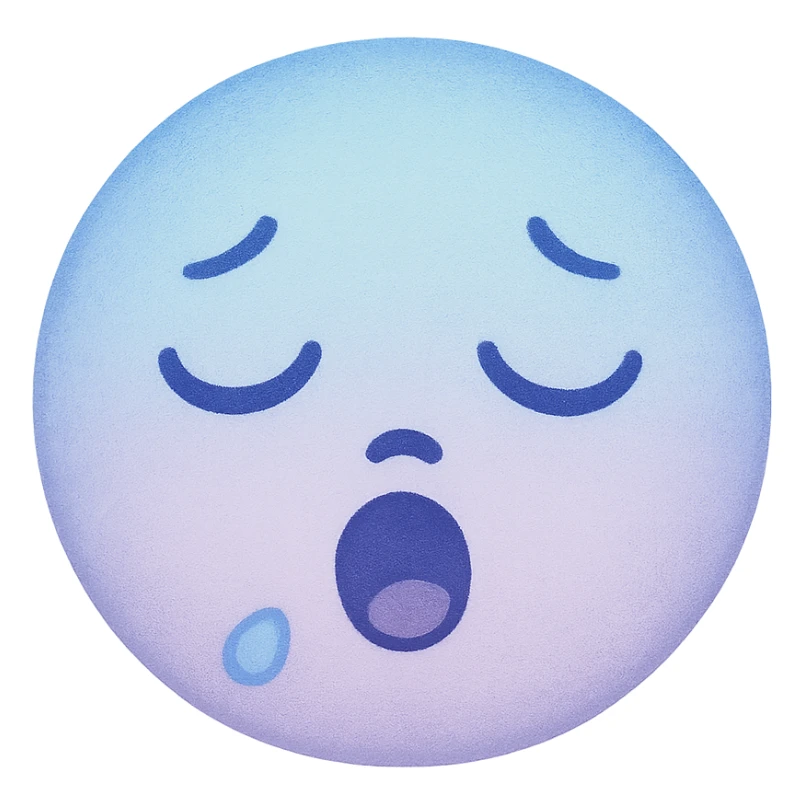 cute emoji, round face, sleepy eyes, tiny yawn, soft blue and lavender sticker