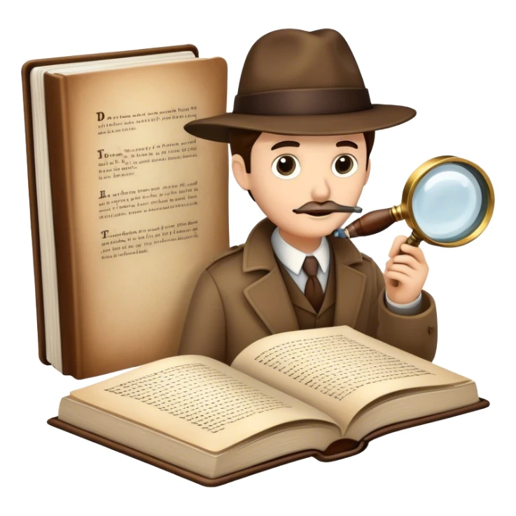 Icon for Detective Reading: an open book with text and a magnifying glass, a detective’s hat and a notebook with clues, surrounded by dark shadows and mysterious elements like footprints and a smoking pipe. Transparent background. sticker