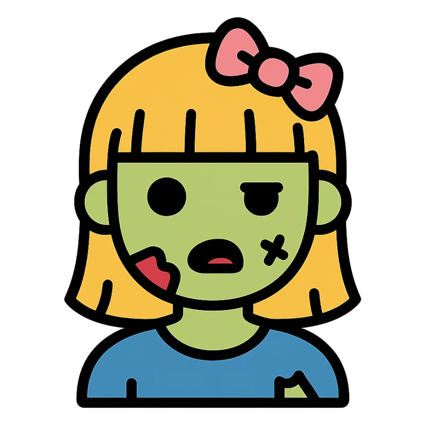 zombie girl with bangs, medium light hair and a pink bow sticker