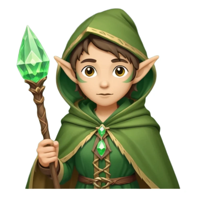 {
      "type": "human",
      "look": "forest elf mage, green cloak, wooden staff, glowing crystal tip",
      "description": "a forest elf mage in green cloak holding a wooden staff with a glowing crystal tip"
    } sticker