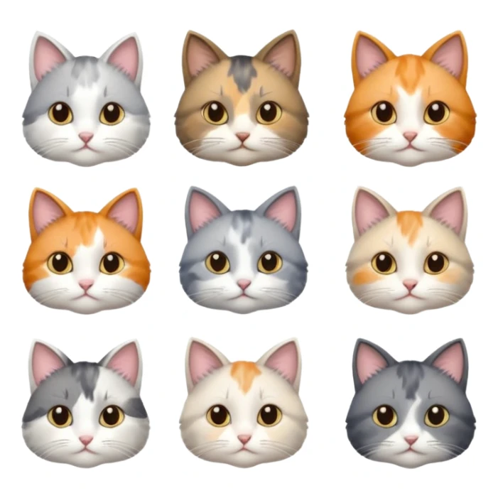 6 realistic looking cats with different natural coloured coats, assorted grey and white, greys, calico colours etc
 sticker