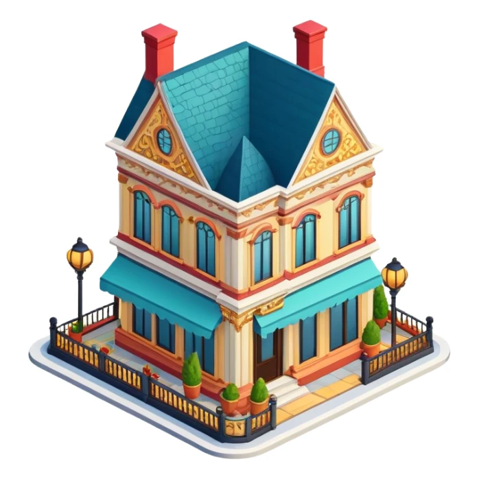 Upscale restaurant exterior, isometric dollhouse-style, realistic sticker