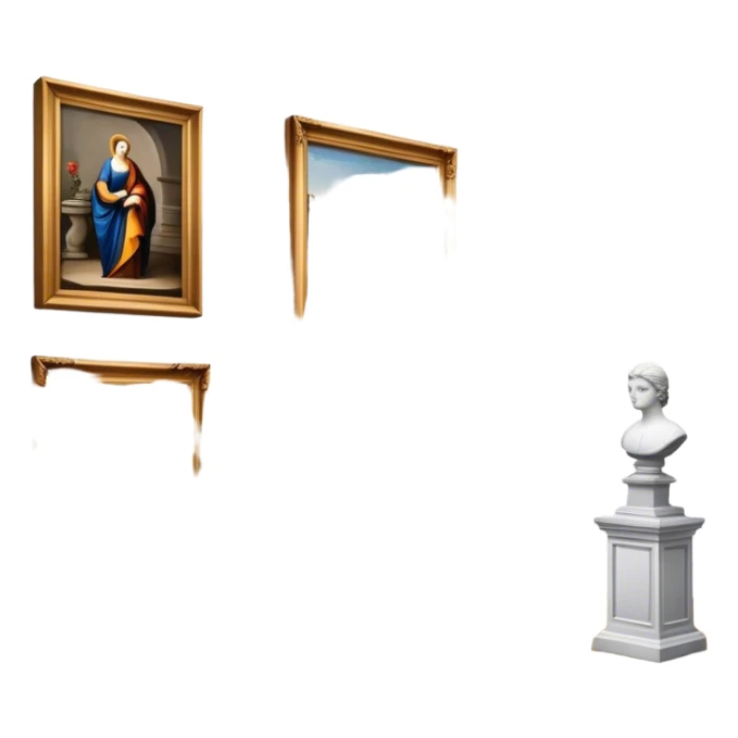 An icon featuring an elegant art gallery with classic paintings hanging on the walls, and sculptures displayed on pedestals. Visitors admire the exhibits, capturing the essence of culture, history, and art. Set against a transparent background. sticker