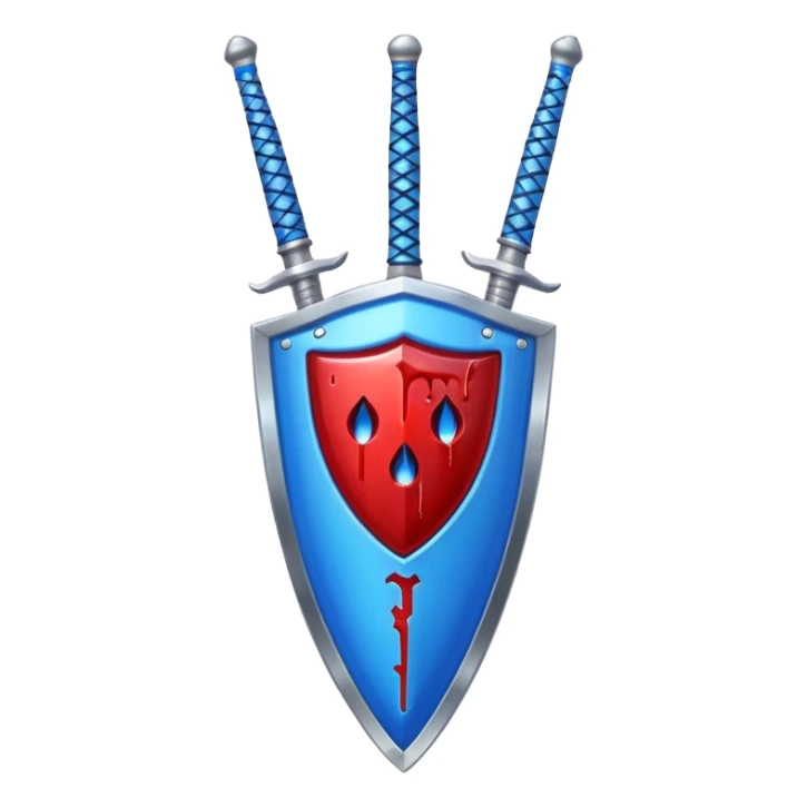 Make the blue even brighter on the shiny heater shield, keep the vertical sword and blood effect, in apple emoji style. sticker