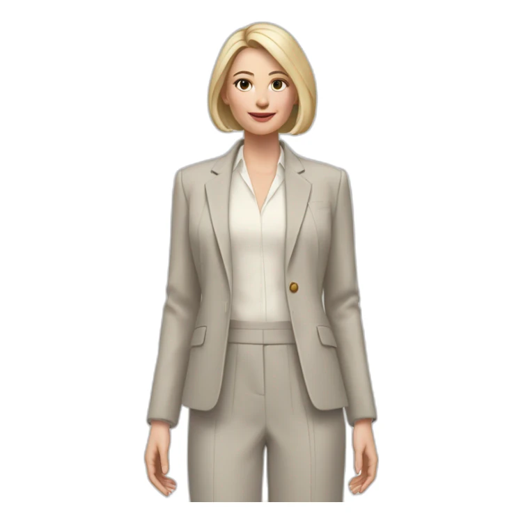 Full height Actively gesturing with hands pale skin woman with ash blonde Straightened bob Hair, White Spacious classical jacket, beige palazzo Arrow pants and gray blouse sticker