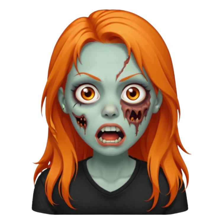 Faça uma zumbi feminina com cabelos longos e laranja, deve estar vestindo uma camisa preta e ter seus olhos castanhos escuro, não esqueça de colocar a sombrancelha da cor do cabelo e faça ela abrir um pouco a boca como um zumbi e adicione um piercing em seu nariz  sticker
