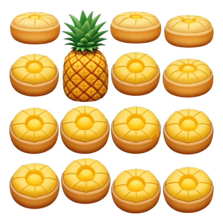 Chinese pineapple bun with crispy yellow top crust, simplified emoji style with bold outlines and bright colors, cartoon style Bo Lo Bao pastry sticker