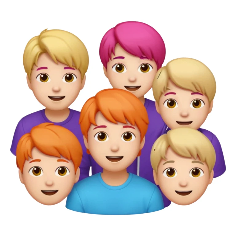 BTS group emoji featuring all seven members together, group pose, cheerful expressions, vibrant colors, simple background sticker