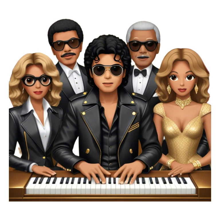 Michael Jackson in his black leather jacket, Beyoncé in a glamorous stage outfit, Lionel Richie in his classic look, Whitney Houston in her famous dress, and Ray Charles in black glasses sitting at a piano. Transparent background. sticker