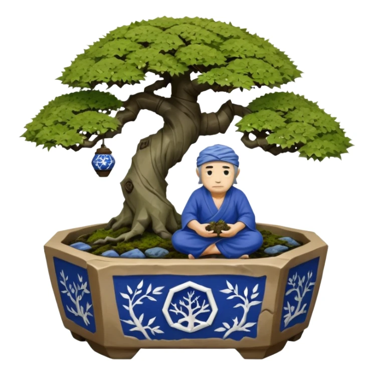 Alien hanging vines landscape mudman very old broken cracked intricate Stone Age rocky-crusted irregular dodecagon-shaped shallow dark moss rough bark blue willow flowered maple tree bonsai pot sticker