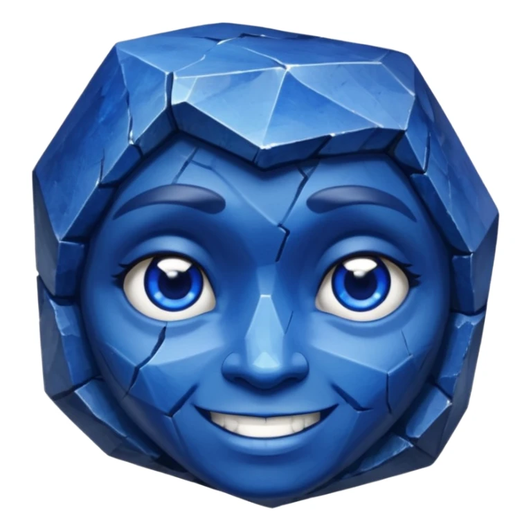 A single sapphire-blue faceted rock head, chunky and worn, with very visible cracks and chipped facets but still shiny, big kind eyes and a confident smile sticker