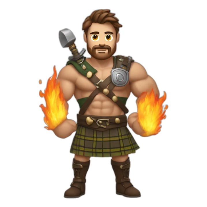 monty starts fire wearing a kilt flex bicep brown hair sticker