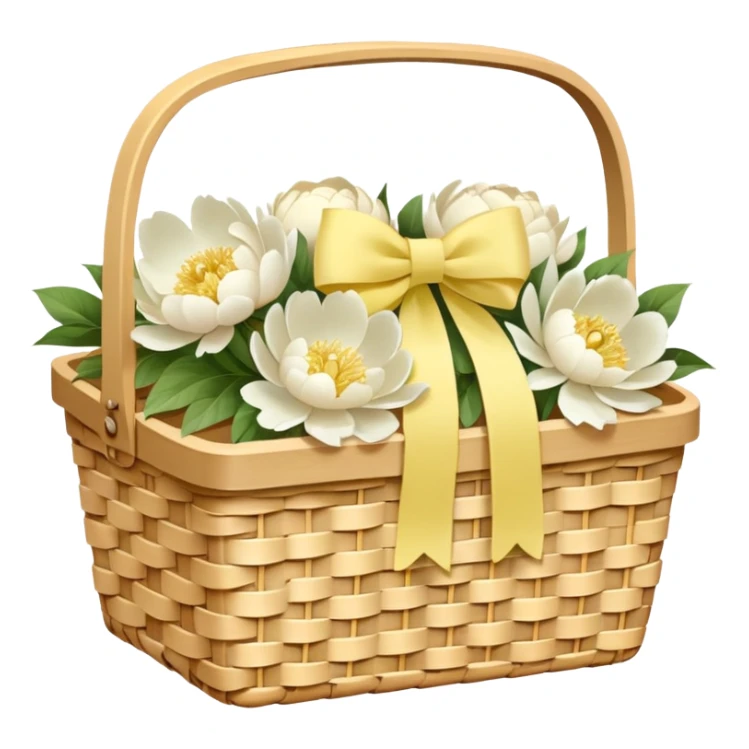White Picnic basket with pastel yellow bow and white peonies inside sticker