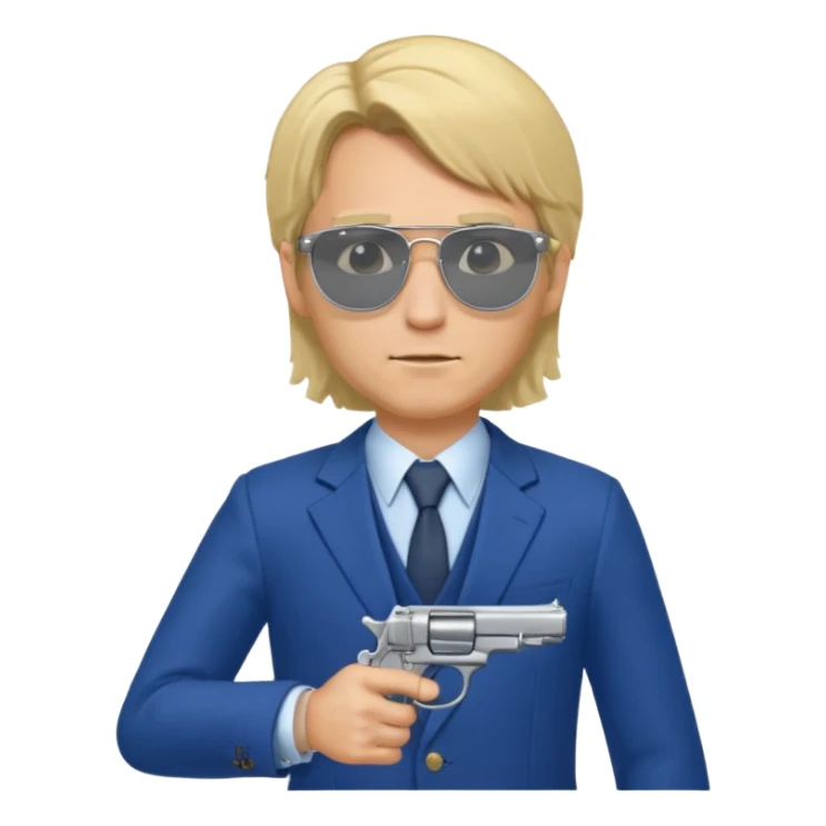 A blond man in a blue suit with a Colt pointing forward. The audience , and long hair and Rayban glasses sticker