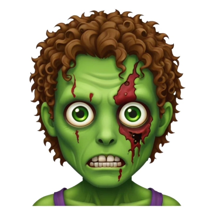 Generate an emoji-style image with a white background of a green-skinned zombie. The zombie should have visible facial wounds, curly brown hair with highlights, green eyes, and a shaved line in the left eyebrow. sticker