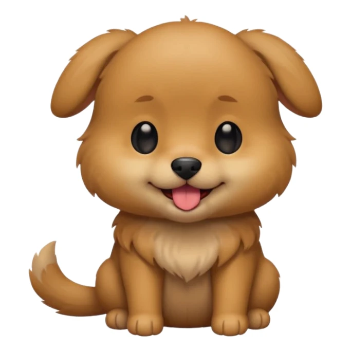 Cute small brown fluffy dog emoji icon. Round face, short muzzle, light brown fur with slightly darker ears, small black nose, happy smiling expression with tongue out. Soft friendly eyes, sitting pose with front paws together. Simple clean vector style, minimal details, kawaii style. sticker