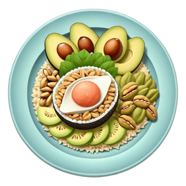 plato con comida variada granos aguacate rebanado salmon nueces arroz

 sticker
