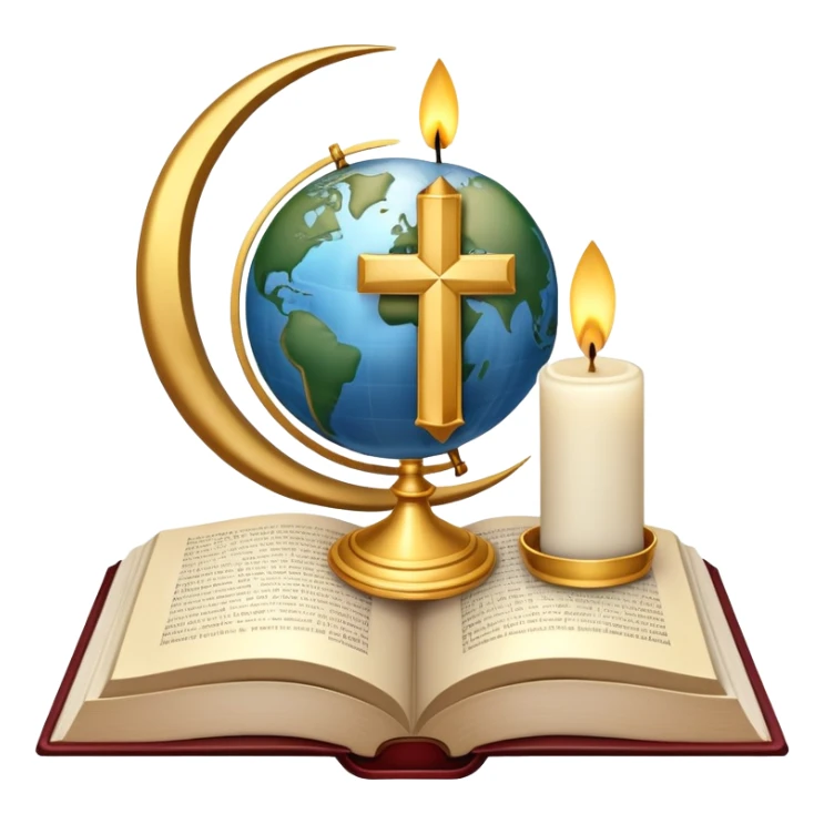 An icon featuring a holy book, a candle, and a cross, symbolizing religious studies. The design includes a globe with various religious symbols: a crescent moon and star (Islam), a lotus flower (Buddhism), representing global belief systems. Transparent background. sticker