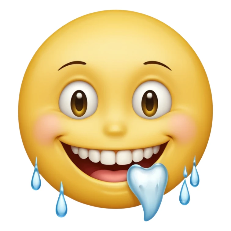 Yellow smiley face holding back tears with realistic watery eyes, and a big human tooth smile sticker