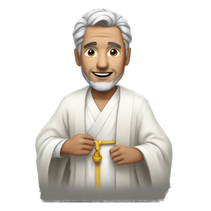 man with grey hair in long white robe giving peac sticker