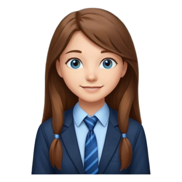 high school class room with a pretty female high school student with long brown hair, blue eyes, wearing a tie, sitting in front of the blackboard sticker
