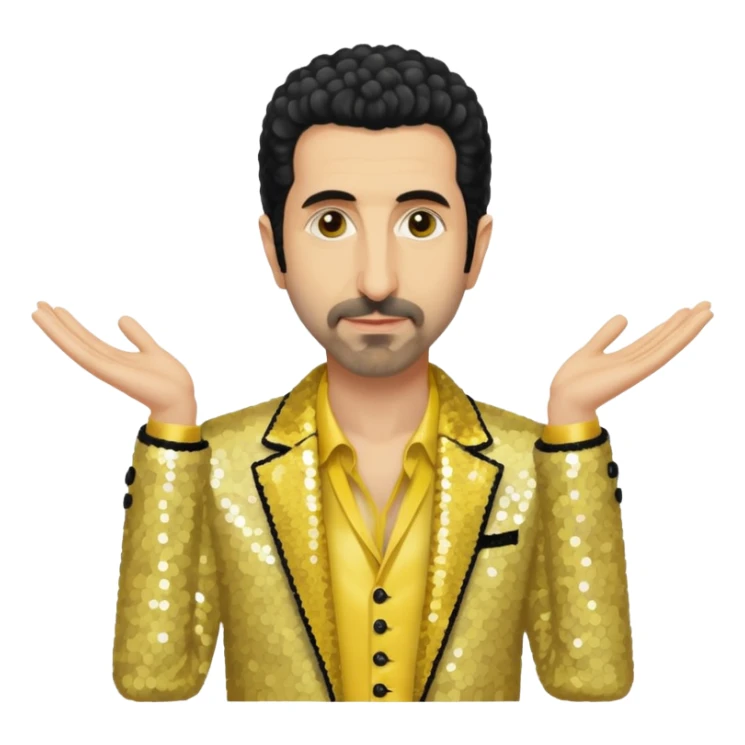 Serj Tankian with ivory sequin jacket, yellow shirt sticker