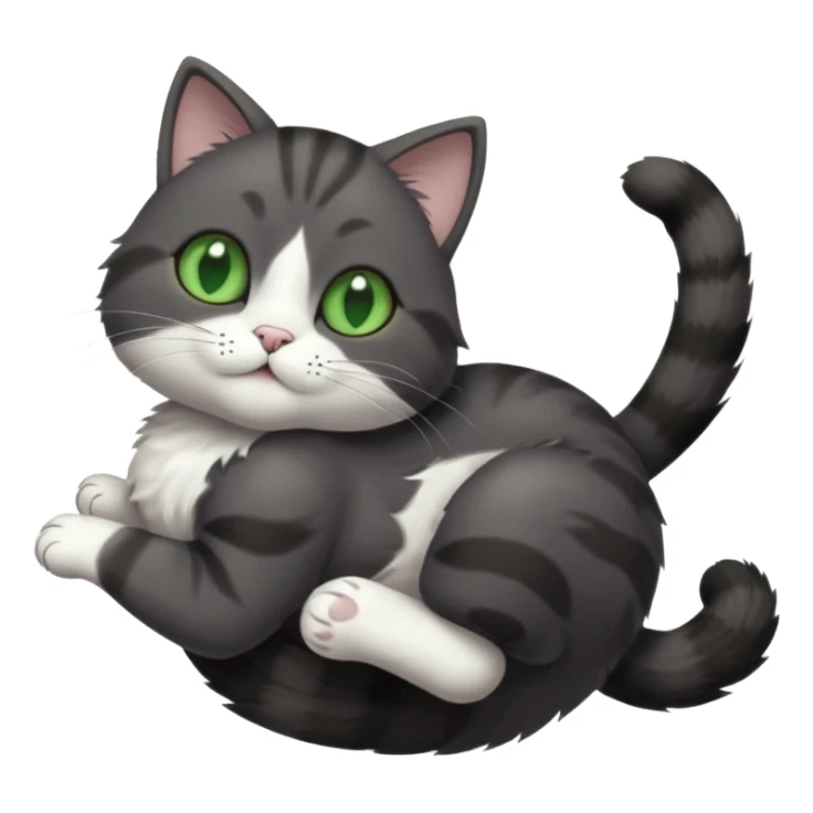 solid dark grey cat with green eyes, white toes/paws and white patch on her chest playfully rolling upside down sticker