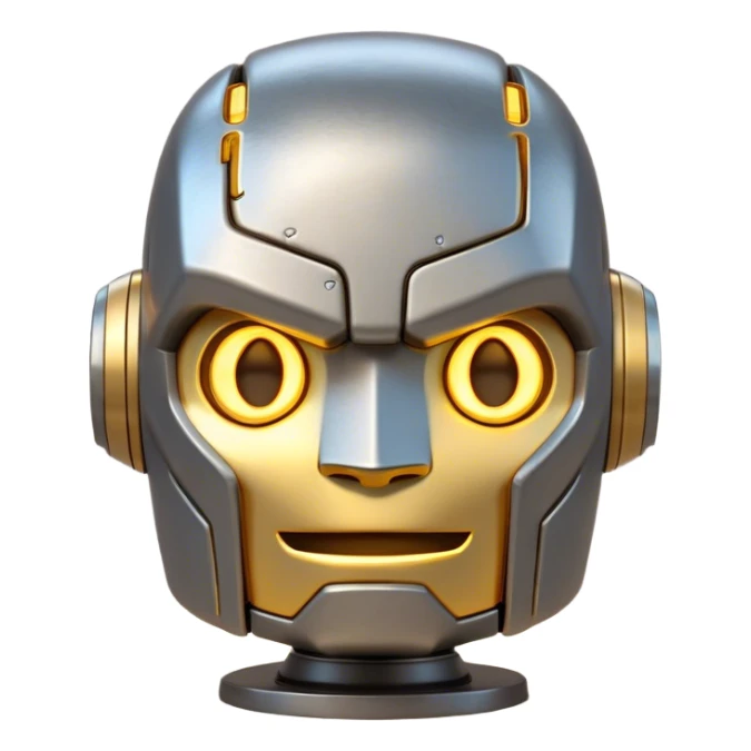 Cinematic Cute Mighty Iron Golem Portrait Emoji Head tilted playfully and inquisitively, featuring a sleek yet sturdy metal form with smooth, polished steel plating and glowing golden engravings, accented by faintly humming energy veins that pulse with life; rendered with lifelike clarity and soft, natural reflections, high shine, charming yet robust, styled with a touch of whimsical fantasy, soft glowing outline, capturing the essence of a watchful yet endearing golem, as if it might shift its massive head with a slow, thoughtful nod at any moment! sticker