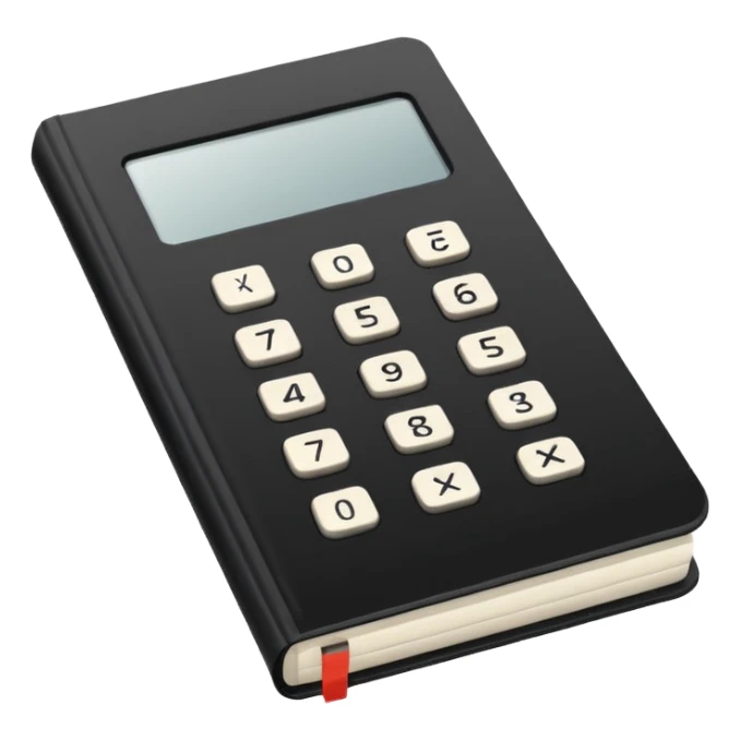 Minimalistic flat vector icon, iOS style, thin black contour on white background. Small black notebook with visible binding, placed next to a calculator. Clean, modern, no text, no shadows. sticker