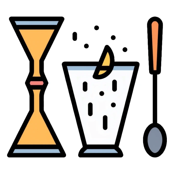 bartending tools including jigger, strainer, and cocktail spoon sticker