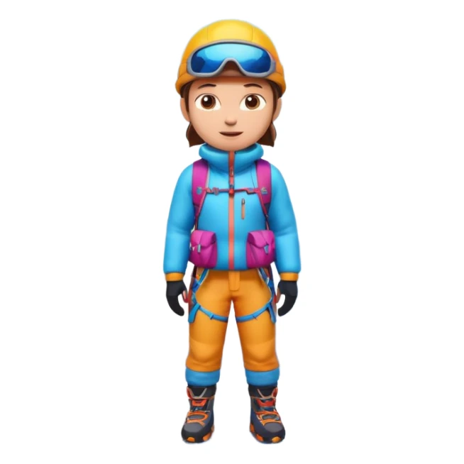 A 3D cartoon mountaineer standing on a snowy Everest-like summit with a flag, wearing colorful climbing gear, soft lighting, Memoji-style.negative : Flag sticker