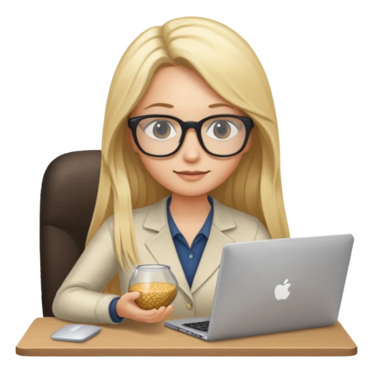a blondie woman with long hair working with a computer laptop and a grains vessel around sticker