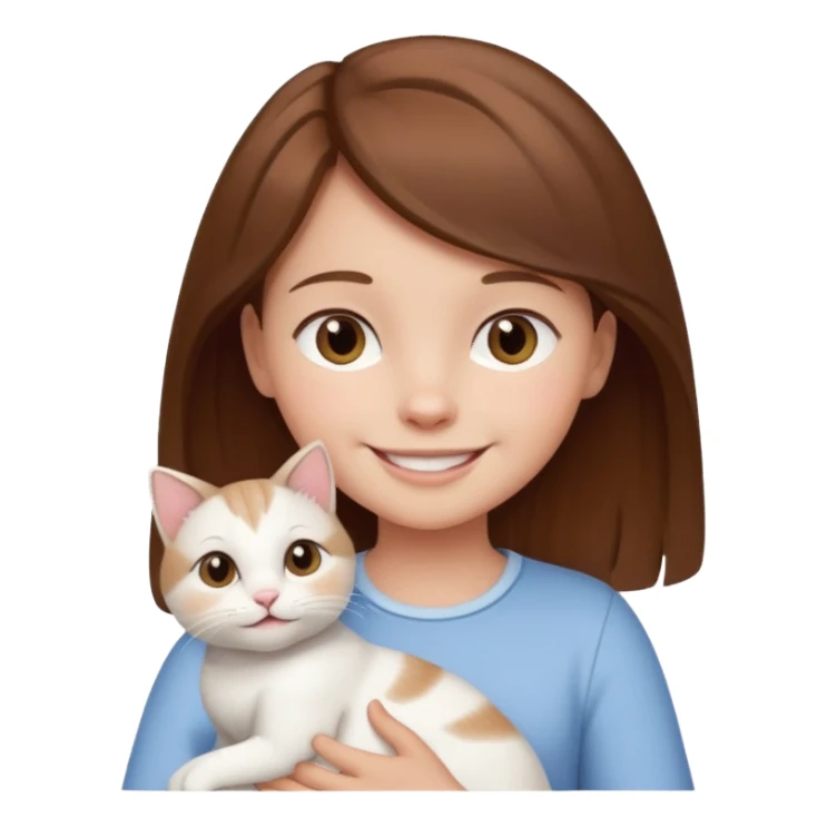 small girl with brown hair holding a white cat, smiling sticker