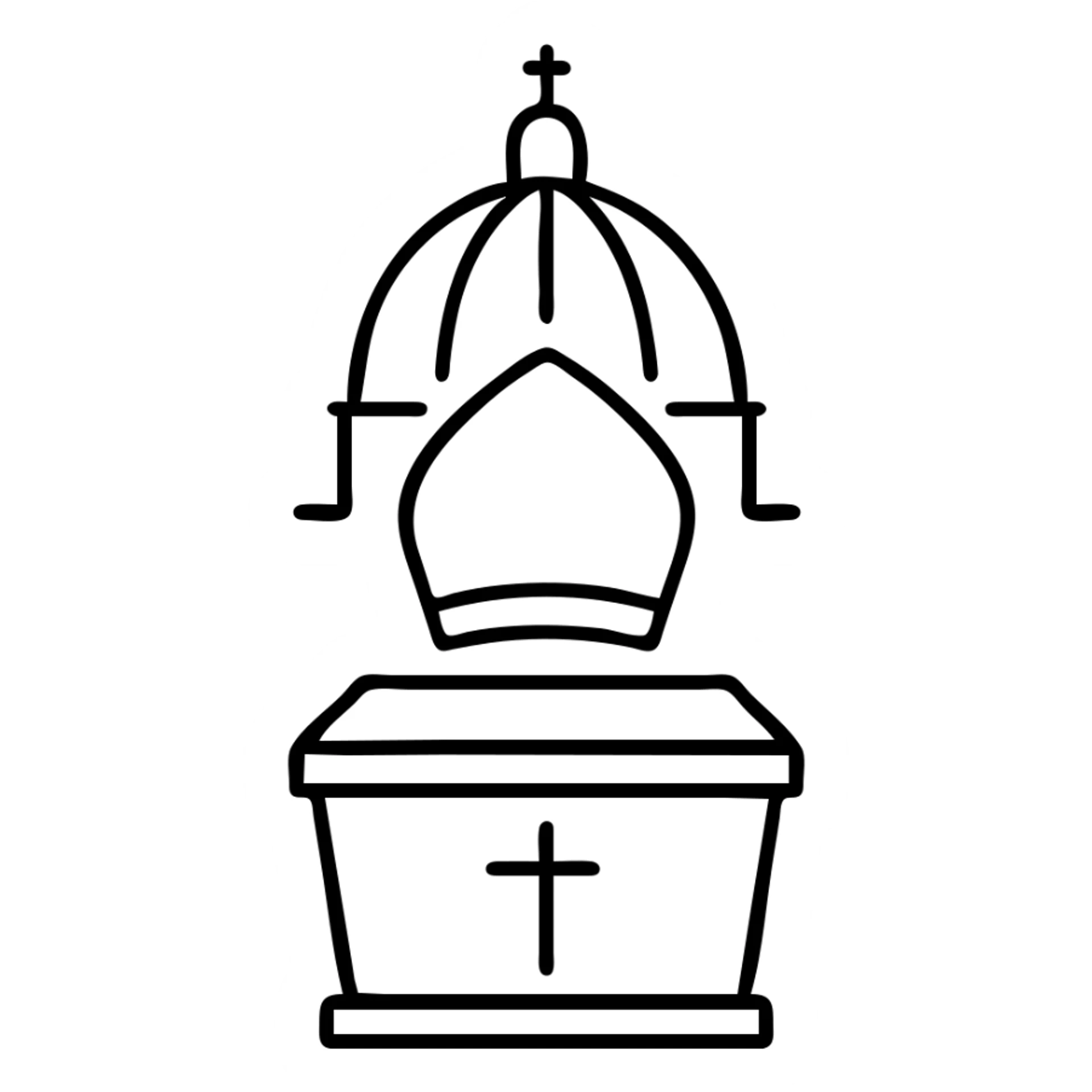 Simple symbolic representation of a papal funeral with St. Peter's dome, a papal mitre, and a ceremonial coffin sticker