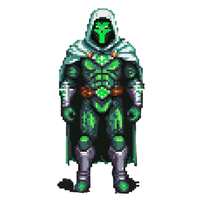 Doctor Doom standing with bright green eyes glowing through mask, full body sticker