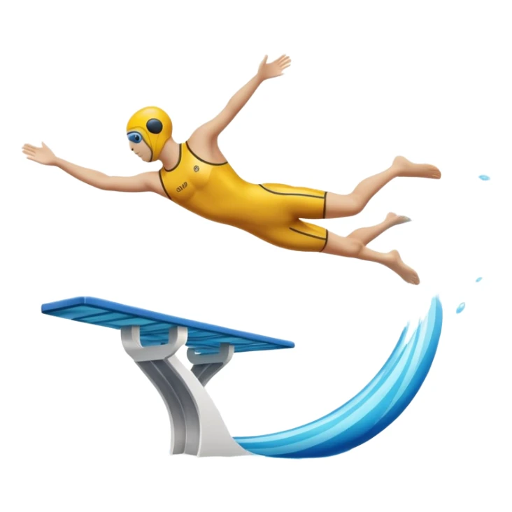 An icon showing a diver captured mid-air in a graceful pose above a pool, with a diving board behind and water below. Splash trails and motion lines emphasize precision and elegance. Transparent background highlights the beauty and focus of competitive diving. sticker