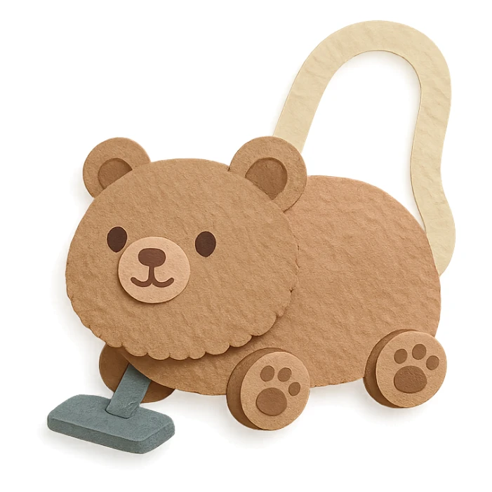 soft brown pastel bear vacuum cleaner, fluffy, with tiny paw wheels, rolling adorably, full-body sticker