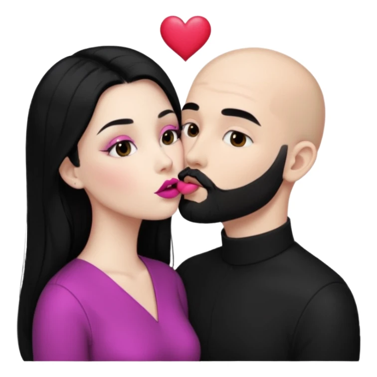 👩🏻‍❤️‍💋‍👨🏻 this one but the man should be bald. white woman with long black hair and white bald young man whoitiut hair and a heart between their heads. she has pink lips and both have brown eyes. he has e full beard but short. both wear black  sticker