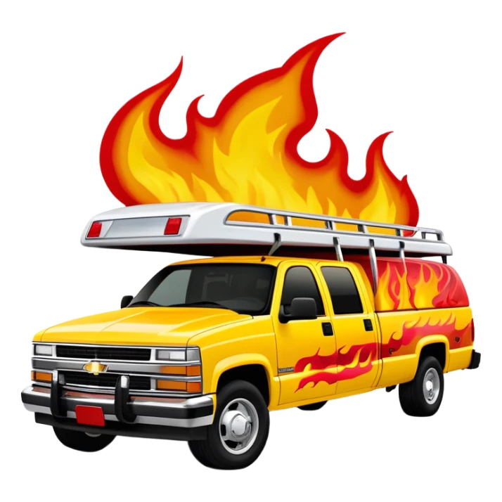 Yellow 1997 Chevrolet C-2500 Crew Cab with dramatic airbrushed red flame artwork flowing from front to sides, detailed flame design exactly like Kill Bill's Pussy Wagon, 30-degree view, iOS emoji style sticker