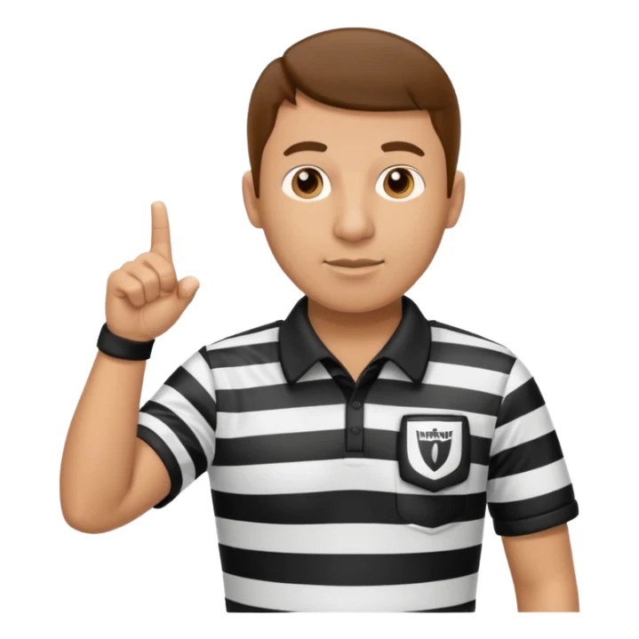 A calm referee with striped shirt, pointing clearly toward the field wearing whistle  sticker