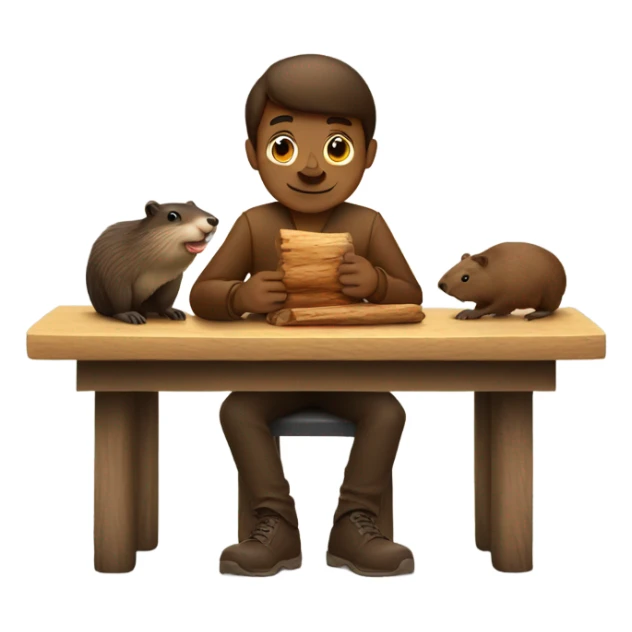A guy is sitting with a beaver at a table and they are eating a log sticker