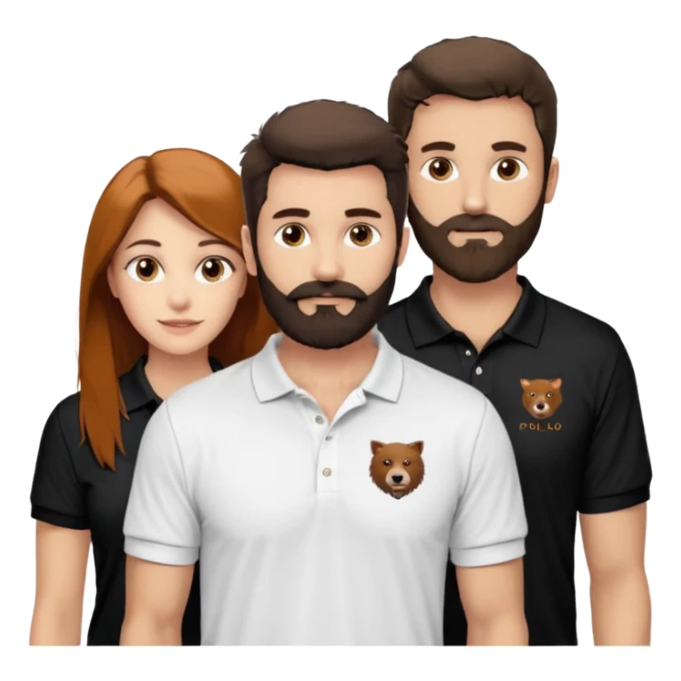 Criar Casal - Homem branco de cabelo liso e olhos marrom, com barba, expressão séria usando camiseta polo preta e mulher de pele branca cabelo cacheado marrom longo e olhos mel, usando uma regata branca, quero ela sorrindo sticker
