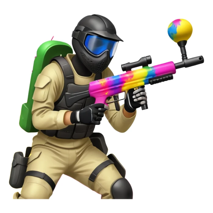 A dynamic scene of a player in action, holding a paintball gun and wearing protective gear. The background shows a vibrant paintball field with obstacles, colorful splatters of paint in the air, and an intense, competitive atmosphere. sticker